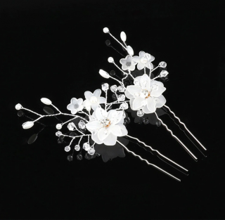 2 ks Vlásenky bílé květy s perlami a krystaly