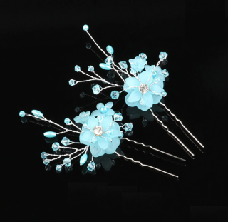2 ks Vlásenky modré květy s perlami a krystaly
