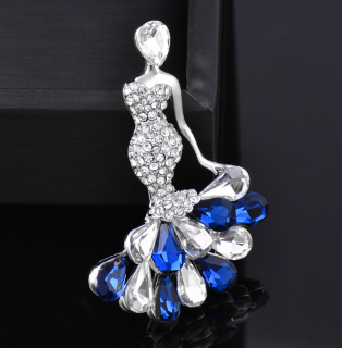 Brož Elegantní dáma - stříbrná/ modrá
