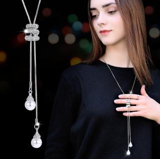 Dámský dlouhý náhrdelník S KAMÍNKY A PERLAMI - stříbrná
