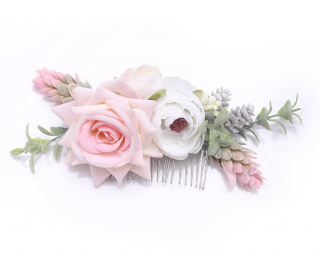 Hřeben do vlasů s umělými květy - růžová/ bílá