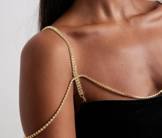 Krystalová ramínka k podprsence/ šatům s řetízkem přes ramena Druh barvy: Zlatá