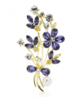 Květinová brož s perlou a fialovými krystaly
