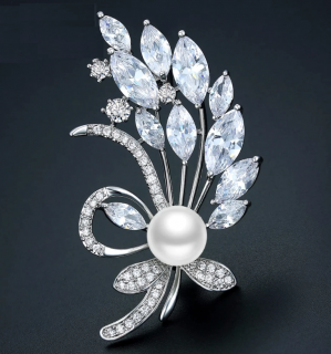 Květinová brož s perlou a krystaly - stříbrná