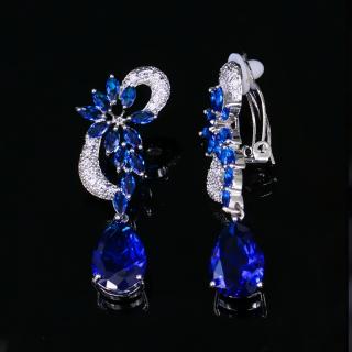 Luxusní náušnice klipsy ELEGANT BLUE FLOWERS - bílé pozlacení