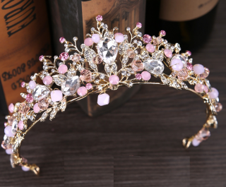 Luxusní svatební korunka PINK PRINCESS - pozlacená