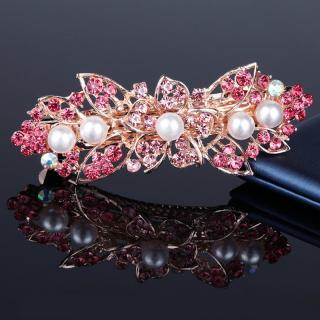 Luxusní vlasová spona s perlami a kamínky KVĚT - bílá/zlatá růžová Typ: Typ 3