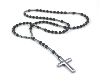 Pánský dlouhý náhrdelník s hematitem Kříž  - černý