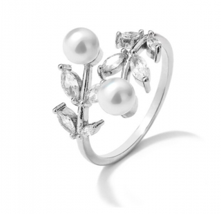 Prsten se zirkony a perlami ve tvaru Větviček Druh barvy: Stříbrná