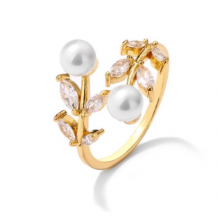 Prsten se zirkony a perlami ve tvaru Větviček Druh barvy: Zlatá