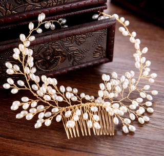 Svatební hřeben do vlasů s perlami - zlatá