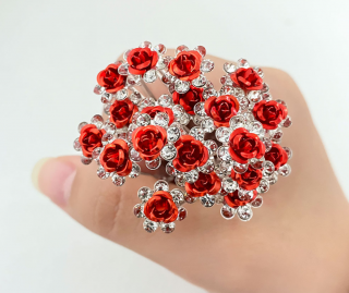 Svatební vlásenky Růže s kamínky 10 ks - stříbrná/červená