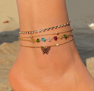 Vícevrstvý pozlacený řetízek na nohu s přívěskem Motýla a barevných kamínků