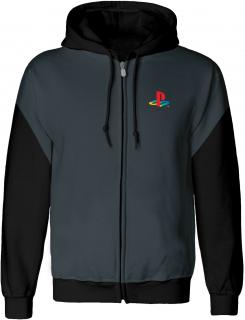 Pánská mikina s kapucí na zip Playstation: Classic Logo  šedá bavlna Velikost oblečení: M