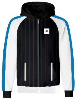 Pánská mikina s kapucí na zip Playstation: Striped Logo  černá bavlna Velikost oblečení: M