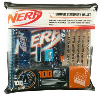 Set školních a psacích pomůcek Nerf: 100 Logo (sešit, pravítko, plechové pouzdro, guma, ořezávátko, pero, tužka, pastelky)