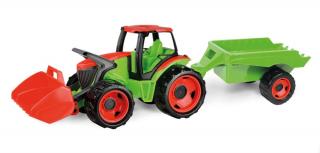 Traktor se lžící a s vozíkem, červeno zelený
