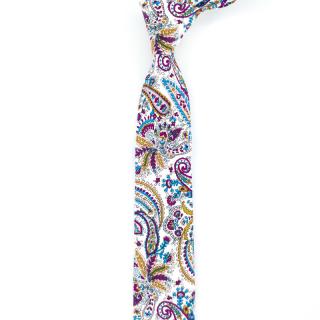 Bílá pánská kravata s barevnými květy a paisley vzorem