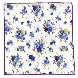 Bílý kapesníček do saka s květinovým vzorem a fialovým lemováním