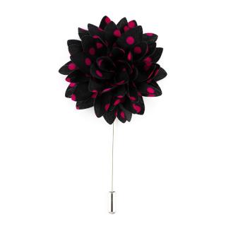 Černá květinová ozdoba do klopy s růžovými puntíky