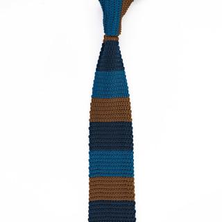 Modrá pánská pletená kravata s hnědými pruhy