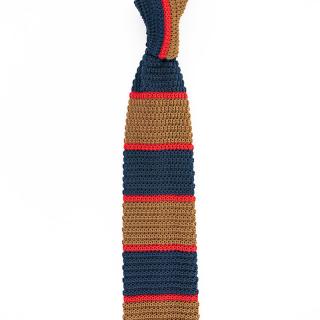 Modro hnědá pánská pletená kravata s červenými proužky