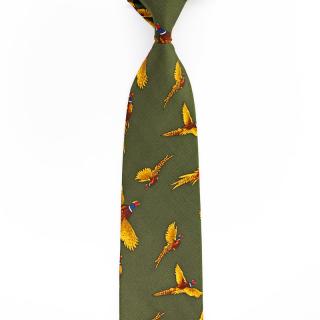 Tmavě zelená hedvábná pánská kravata s bažanty