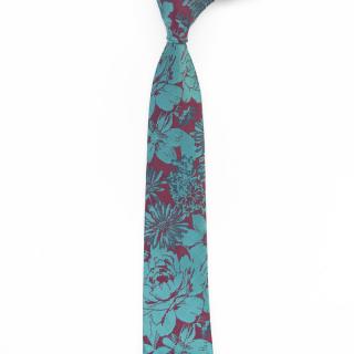 Vínová pánská kravata s tyrkysovým květinovým vzorem