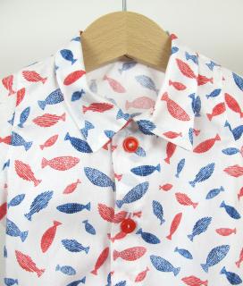 Košilové bodíčko s krátkým rukávem Barva, vzor: Modré a červené rybičky na bílé, Velikost: 0-3 m