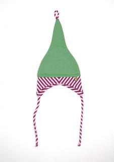 Novorozenecká čepička „Skřítek“ Velikost: 4-6 m, Vzor: zelená s fialovým proužkem
