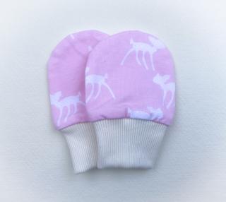 Novorozenecké rukavičky Materiál: Biobavlna, Velikost: 0-4 m, Vzor: bílé srnky na růžové
