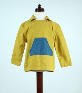 Švédská  košile s dlouhým rukávem Barva, vzor: Žlutá s modrou kapsou, Materiál: Bio len, Velikost: 12-18 m