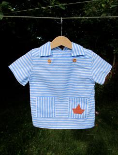 Švédská  košile s krátkým rukávem Barva, vzor: Modrobílé pruhy, Materiál: Bavlna, Velikost: 12-18 m (80-86)