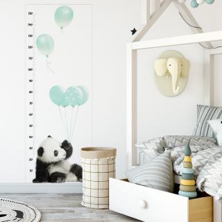 Samolepka na zeď Rostoucí metr Panda s balonky mintová