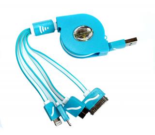Navíjecí plochý USB kabel 4 konektory v 1 Barva: Modrá, Délka: 1 m