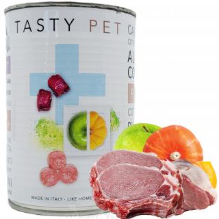 TASTY PET premium konzerva adult/puppy s jehněčím a vepřovým – masové kuličky 400g