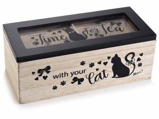 Dřevěná krabička na čaj s kočkou