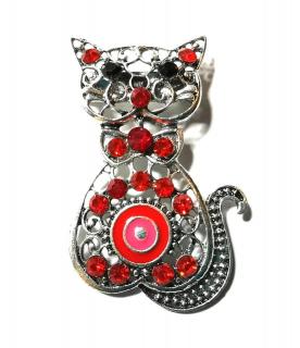 Mozaiková brož s kočkou - modrá, červená, černá červená