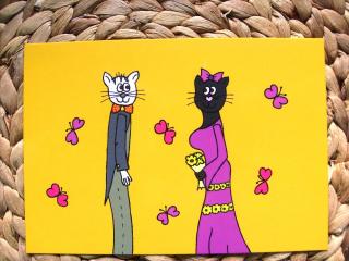 Pohled kreslená kočka kočičí svatba