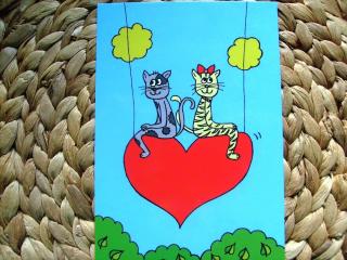 Pohled kreslená kočka kočka, kocour a srdce