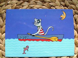 Pohled kreslená kočka kočka rybář