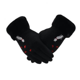 Semišové rukavice s vyšitou kočkou a kožešinkou - různé barvy černá
