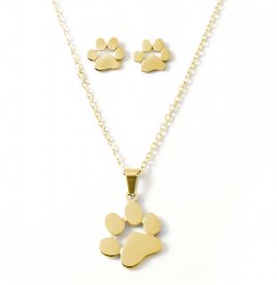 Set náušnice a náhrdelník kočičí tlapka - chirurgická ocel - stříbrná, zlatá, růžová zlatá zlatá