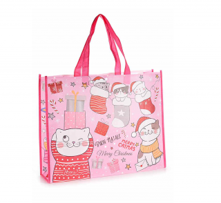 Vánoční nákupní / dárková taška s kočkami - růžová, modrá růžová