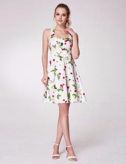 Bílé letní šaty s třešněmi a srdíčkovým výstřihem Velikost: M (US 8)