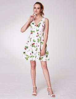 Bílé letní šaty s třešněmi a V výstřihem Velikost: M (US 8)
