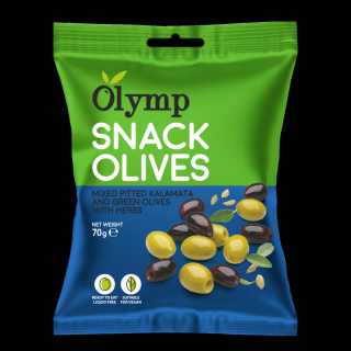 Olymp Mix Kalamata tmavé a zelené olivy bez pecky s bylinkami 70 g