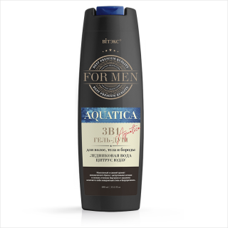 Belita-Vitex For MEN AQUATICA – Sprchový gel 3v1 na mytí vlasů, těla a vousů s ledovcovou vodou a citrusem yuzu., 400 ml