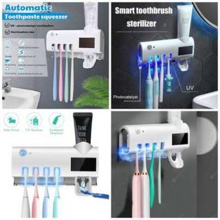 Držák zubních kartáčků s dávkovačem zubní pasty a UV sterilizátorem
