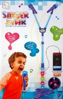 Singer Star dětský karaoke mikrofon se stojanem pro MP3 a mobil - modrý